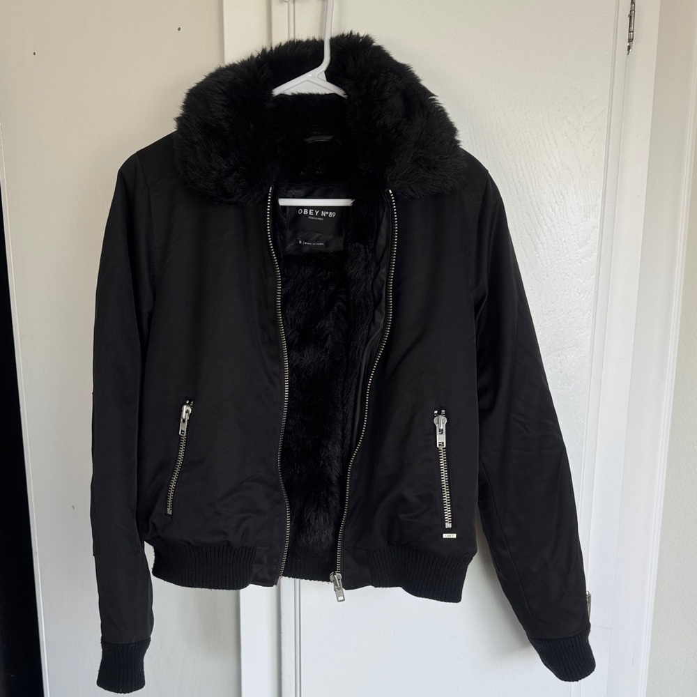 Obey Black Faux Fur Lined Bomber Jacket